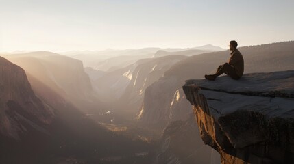 A person sitting on a cliff looking out into the vast expanse of mountains and valleys appears to...
