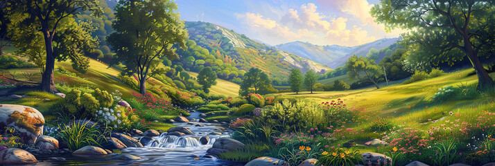 landscape painting of an idyllic countryside scene with rolling hills, generative AI