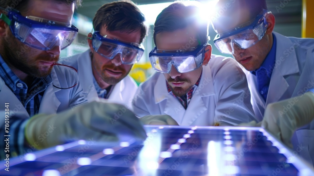 Aufkleber a group of scientists in a laboratory examining solar panel prototypes with minimized waste material