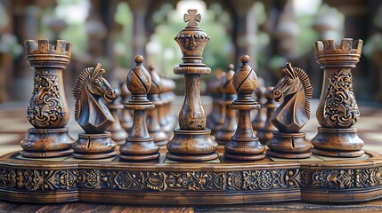An intricately carved wooden chess set, mid-game, with focus on a queen's decisive move. - obrazy, fototapety, plakaty