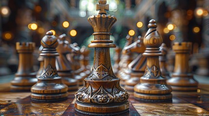 An intricately carved wooden chess set, mid-game, with focus on a queen's decisive move.
