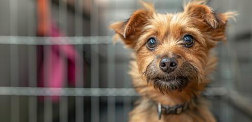 An endearing small terrier dog looks out from behind bars with hopeful eyes and a soft expression.
