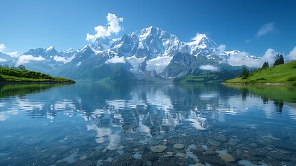 Naklejka na ściany i meble A crystal-clear mountain lake reflecting the surrounding snow-capped peaks under a bright blue sky