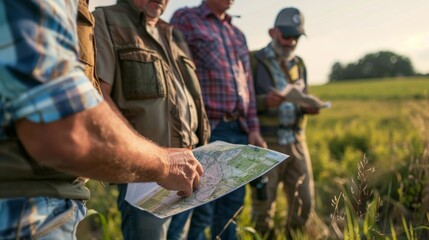 A group of farmers gather around a map discussing the placement of furrow irrigation systems in...
