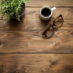 Overhead View of Coffee Cup and Glasses on Wooden Desk for Mock Up