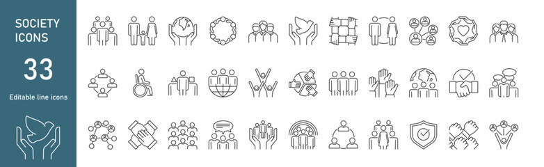 Vector set of icons on the theme of society. Communication and group work, family, communication and unity. Editable icons for website design and mobile applications. - 780195852