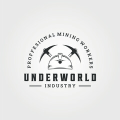 pickaxe helmet mining logo vintage vector line art illustration template, tool or equipment mining vector vintage design