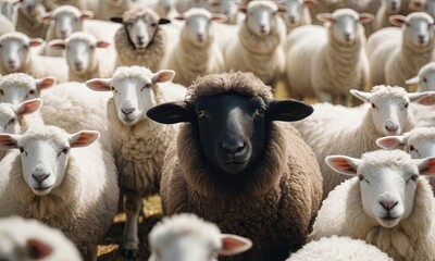 Obraz premium A black sheep among a flock of white sheep, raising its head as a leader.