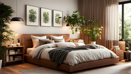 Modern bedroom interior design, modern decoration style, double bed and pillows, beautiful decoration on the wall