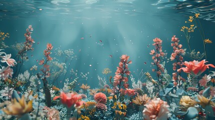 Obraz na płótnie Canvas Digital sea surrounded by flowers illustration poster background