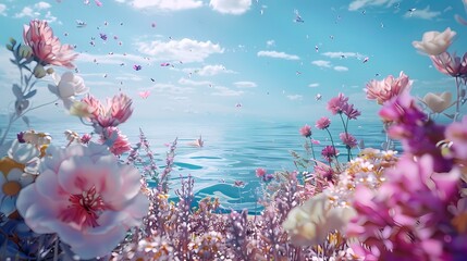 Fototapeta na wymiar Digital sea surrounded by flowers illustration poster background