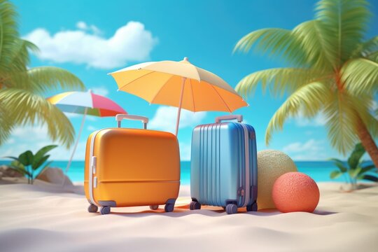 Orange suitcase with umbrella and ball on the sandy beach