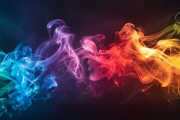 Vivid rainbow smoke tendrils curling, multicolored against a black background ,3DCG,high resulution,clean sharp focus - obrazy, fototapety, plakaty