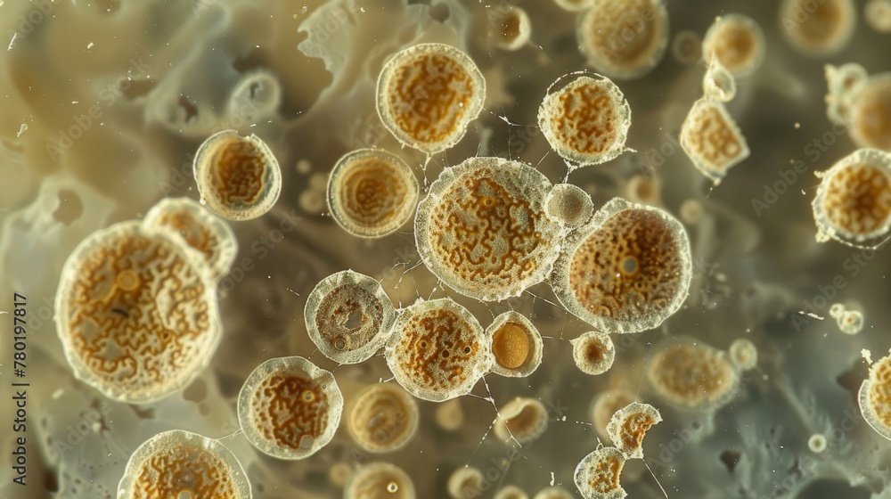 Poster magnified view of fungal spores each with a distinct round shape and textured surface spread out acr