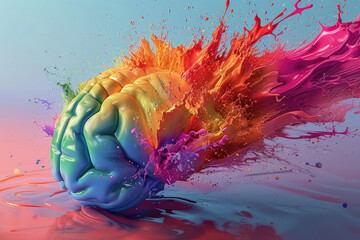 Cognitive Carnival Captivating 3D Brain Explosion in Vivid Colors