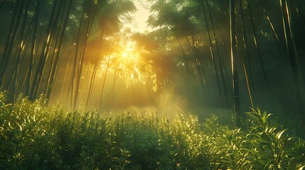 A dense bamboo forest, the sun casting light and shadow through the tall, swaying stalks.