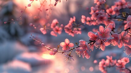 Early spring blossoms peeking through the snow, promises of renewal ,3DCG,high resulution,clean sharp focus - obrazy, fototapety, plakaty