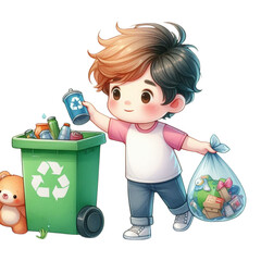 Watercolor illustration of a boy throwing recyclable trash in a bin, save the earth, earth day celebration, going green