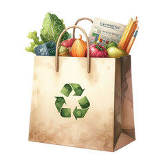 Watercolor illustration of an eco-friendly shopping bag loaded with groceries, earth day celebration, save the earth
