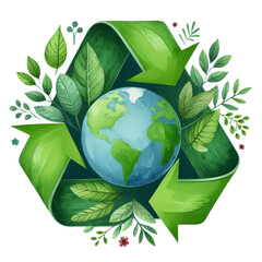 Recycling icon with a globe in the center surrounded by leaves watercolor illustration, earth day theme, celebration earth day 
