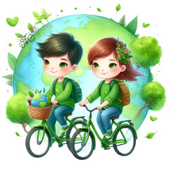 Two children riding bicycles, energy conservation, watercolor illustration, earth day theme, earth day celebration 
