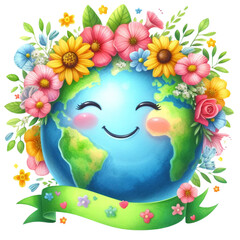 Watercolor illustration of a happy globe with a floral headdress,  earth day theme, earth day celebration 