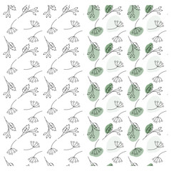 Abstract outline branches with spots in trendy marker green Seamless patterns Set of 2 Springtime