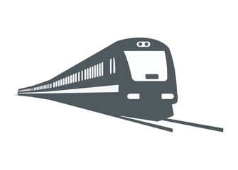 Streamline diesel multiple unit commuter train turning. Silhouette illustration in perspective view.