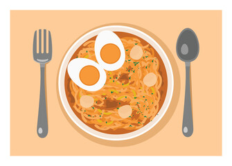 Hot soup noodle in a bowl with egg and sausage topping. Simple flat illustration.