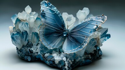 Blue crystal gem flying butterfly poster background