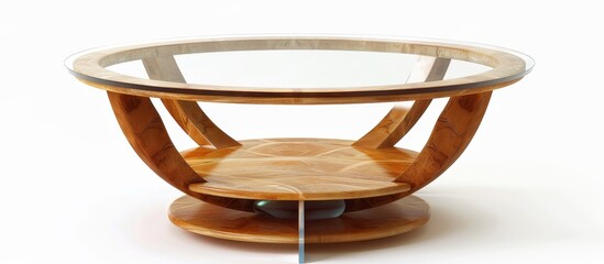 Glass table featuring a wooden base and transparent top surface, providing a modern and stylish look for interior decor