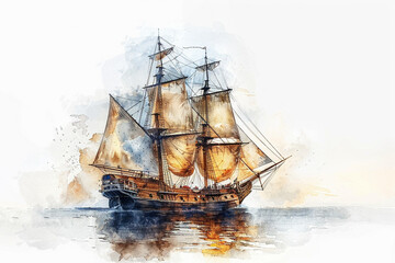 Obraz premium Vintage Sailing Ship Watercolor Painting