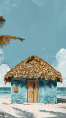 Thatched Roof Beach Hut with Blue Walls