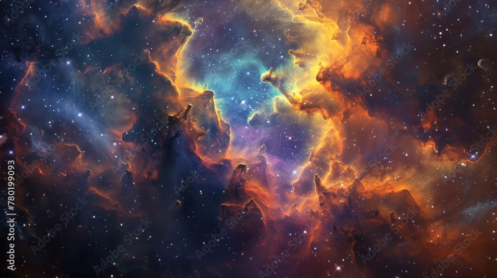 Poster a cosmic collision of colorful nebulae and dust clouds creates a mesmerizing display of light and co