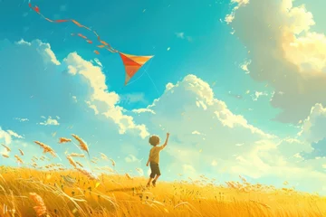 Foto op Plexiglas Child flying colorful kites in a sunlit field conveying freedom and playfulness © P