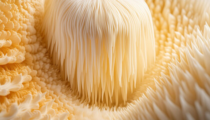 A close up and fantastical textural image of Lion's mane mushrooms growing in nature. An image of a mushroom with many natural health benefits - promoting neuroplasticity