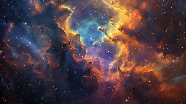 A cosmic collision of colorful nebulae and dust clouds creates a mesmerizing display of light and color.