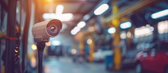 A camera is positioned on a tall pole within a garage, capturing the surroundings for surveillance or monitoring purposes - obrazy, fototapety, plakaty