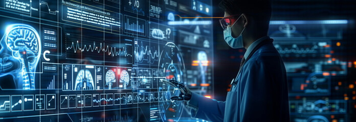 Fototapeta premium A doctor in front of an interactive digital display showing medical data and AI generated diagrams 