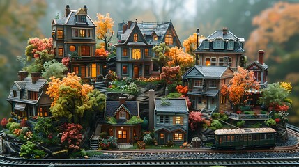 A detailed miniature model town, complete with tiny houses, trains, and trees, under soft lighting
