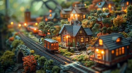 A detailed miniature model town, complete with tiny houses, trains, and trees, under soft lighting - obrazy, fototapety, plakaty