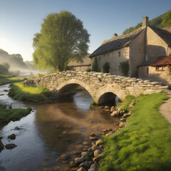 Scenic Landscape: Stone Bridge, River, Countryside Riverbank House House