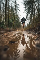 Trail runner splashes through a muddy puddle, reflecting the surrounding trees and sky