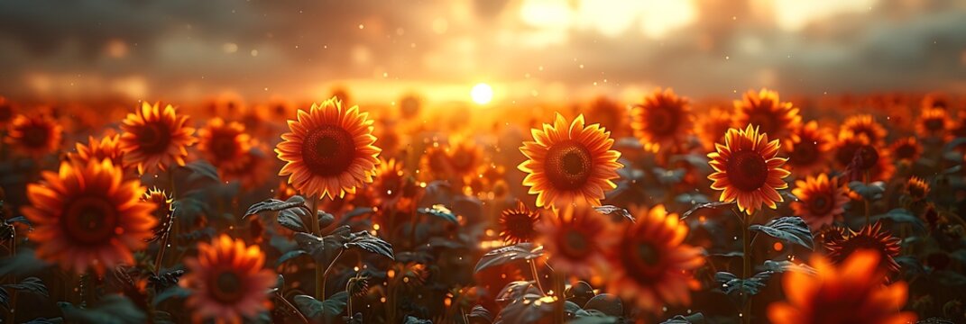 A field of sunflowers at sunset, the flowers turning to face the last light of day
