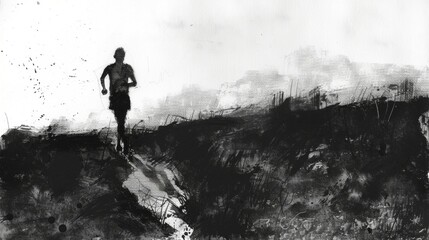 A black and white sketch of a runner, emphasizing the texture of the terrain and the runners silhouette against the landscape