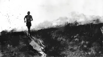 Papier peint Gris 2 A black and white sketch of a runner, emphasizing the texture of the terrain and the runners silhouette against the landscape