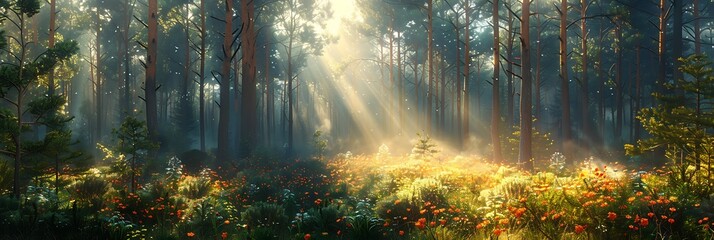 A foggy morning in a pine forest, with sunlight streaming through the mist, creating beams of light