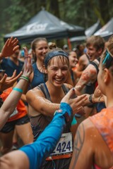 Obraz premium A diverse group of runners high-fiving at a water station