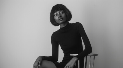 A young black woman sits on a simple wooden stool her black outfit blending seamlessly with the stark monochromatic background. Her sleek bob and understated makeup only add to the .