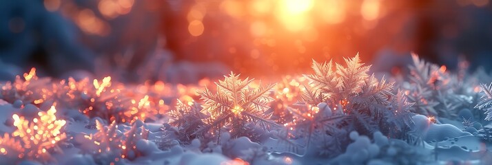 A frost-covered window, with delicate ice crystals forming intricate patterns against a sunrise backdrop